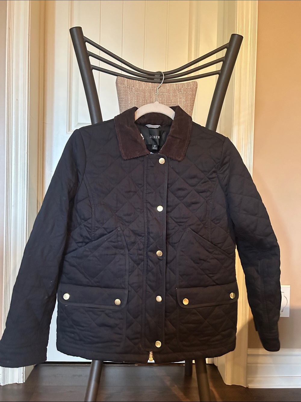 J. Crew Quilted Black Utility Jacket with Brown Corduroy Collar
